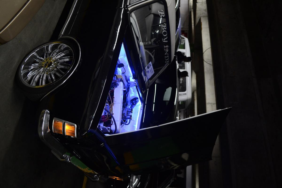 O proprietário do carro, modelo Opala, exibe no motor de seu automóvel a personalização com luzes LED.